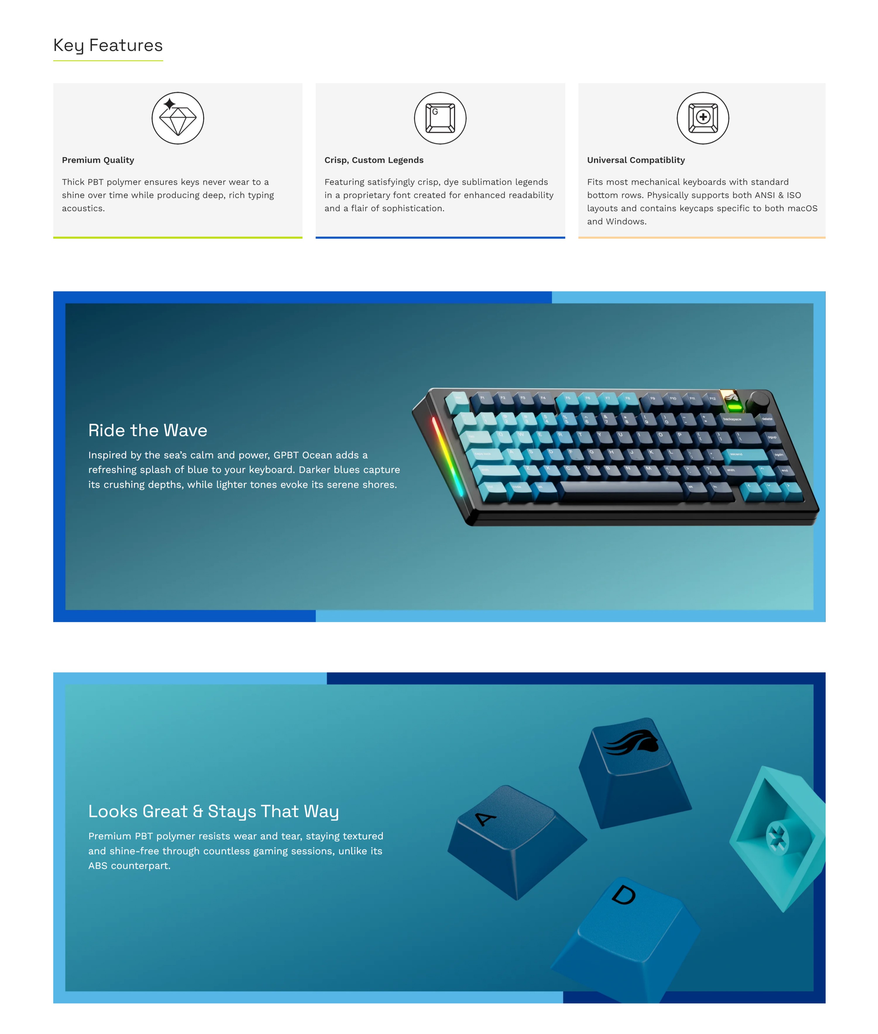 A large marketing image providing additional information about the product Glorious GPBT Gradient Keycaps - Ocean - Additional alt info not provided